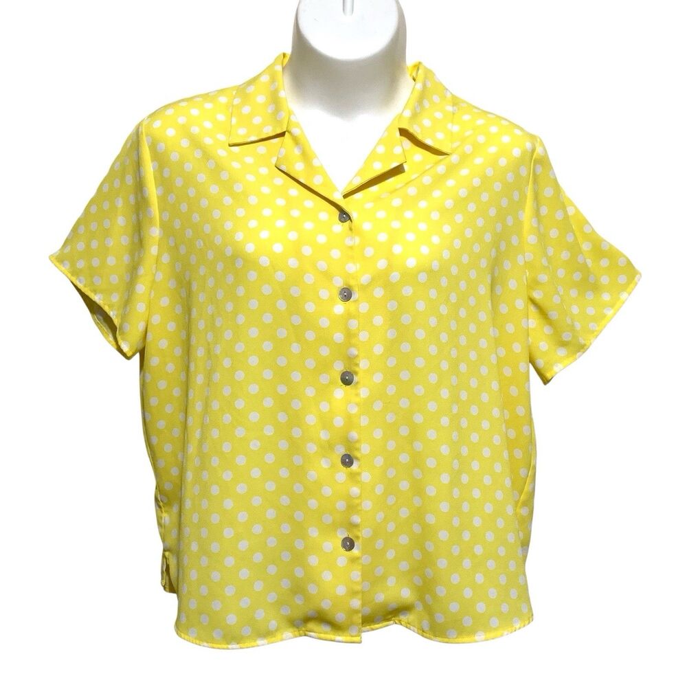Susan Graver Blouse Button-Up Womens Size 2X Yellow White Dots Short Sleeve